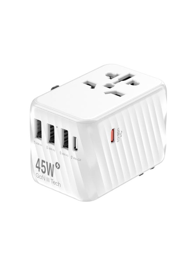 Eone 45W GaN Travel Charger – White Color, Universal Socket with 5-Port USB & USB-C – Compact Charging Solution - Image 1